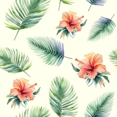 Deurstickers Tropische planten Watercolor tropical background. Seamless realistic vector botanical pattern. Watercolor pattern with exotic flowers
