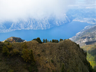 Aerial video view of lake Garda from Monte Baldo mountains in Italy