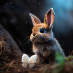 So cute baby bunny with a butterfly nearby. Ultra cute bunny with big adorable eyes. Cute little bunny. Realistic 3D illustration. Generative AI