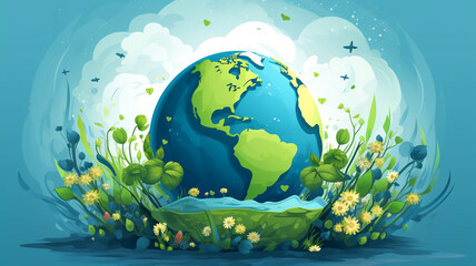 Naklejka premium 3D earth illustration, green nature environment, concept of ecology and sustainable development goals 