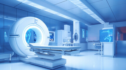 Advanced x-ray or mri scan medical diagnosis machine at hospital health care lab as wide banner with copy space area 