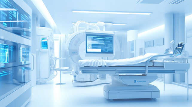 Advanced x-ray or mri scan medical diagnosis machine at hospital health care lab as wide banner with copy space area 