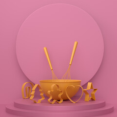 Abstract scene or podium with bowl and kitchen utensil on monochrome.