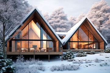 Luxury modern house in the winter covered in snow