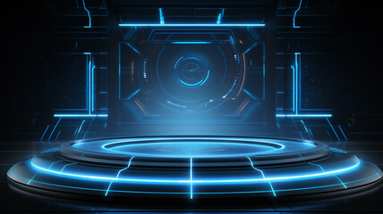 Futuristic empty stage. Modern Future background technology Sci-fi interior concept. Podium for show your product. futuristic cyberpunk concept. Pedestal for presentation product. Game Lab. Vector