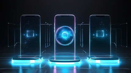 Hologram 3D futuristic mobile phone. Abstract digital user interface technology. Smartphone hangs in the air. Realistic phone with blank screen. Smartphone perspective view with blank screen