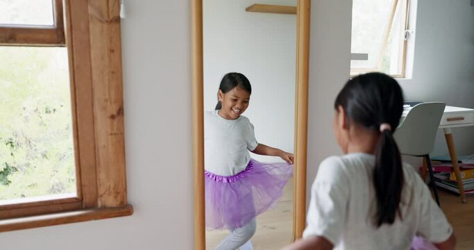 Ballet, mirror and child dancer dancing to practice, happy and girl training for performance in her bedroom. Home, smile and young creative kid after a lesson or class and enjoy music with happiness
