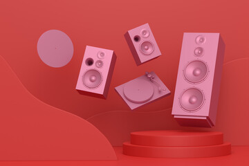 Abstract scene or podium with Hi-fi speakers and DJ turntable on monochrome