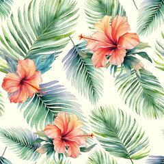 Watercolor tropical background. Seamless realistic vector botanical pattern. Watercolor pattern with exotic flowers
