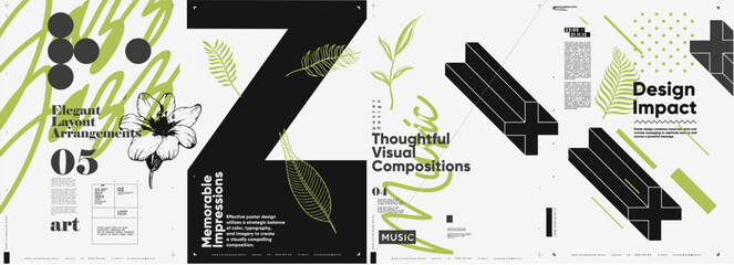 Typographic design and minimalistic background elements. A set of vector elements for designing posters, labels, banners.  Brochure template layout. Modern vector graphics.