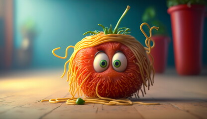 Concept funny character mascot meatball sits in a plate with spaghetti and sauce in the kitchen.Generative AI
