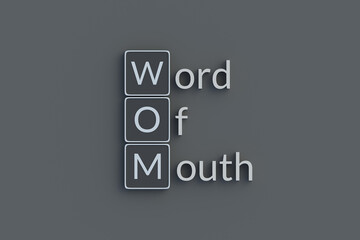 WOM Word of mouth metallic inscription. Acronym or abbreviation. Top view. 3d render.