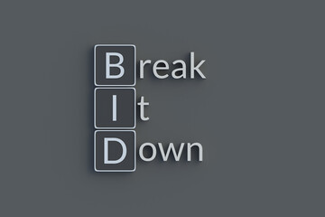 BID Break it down metallic inscription. Acronym or abbreviation. Top view. 3d render. © OlekStock