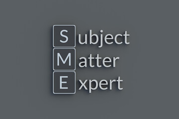 SME Subject matter expert metallic inscription. Acronym or abbreviation. Top view. 3d render.