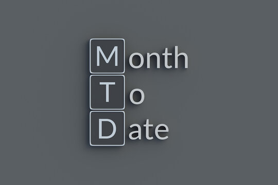 MTD Month to date metallic inscription. Acronym or abbreviation. Top view. 3d render.