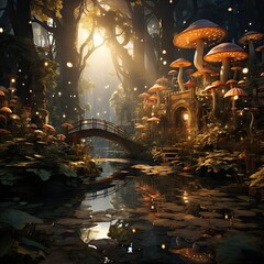 An enchanted forest filled with towering ancient trees, mushrooms, and colorful foliage.