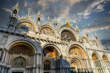 Patriarchal Cathedral Basilica St. (Saint) Mark’s Basilica on Piazza San Marco square in Venice, Italy. Famous Catholic Church as a landmark of renaissance architecture.
