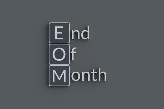 EOM End of month metallic inscription. Acronym or abbreviation. Top view. 3d render.