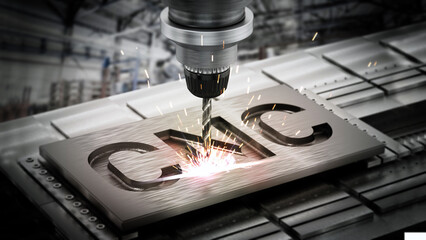 Closeup of generic CNC drill equipment. 3D illustration - obrazy, fototapety, plakaty