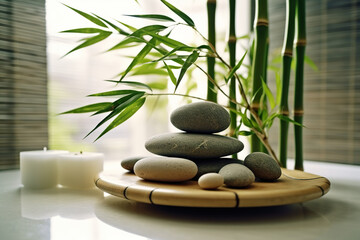 Bamboo and stones in a wellness spa. Spa concept with wellness and health therapy elements. Hot spa stones with bamboo. Realistic 3D illustration. Generative AI