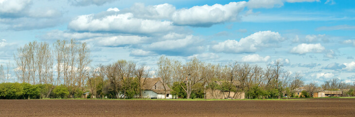 Typical old salas in Vojvodina, a traditional type of property in the Pannonian Plain region, with...