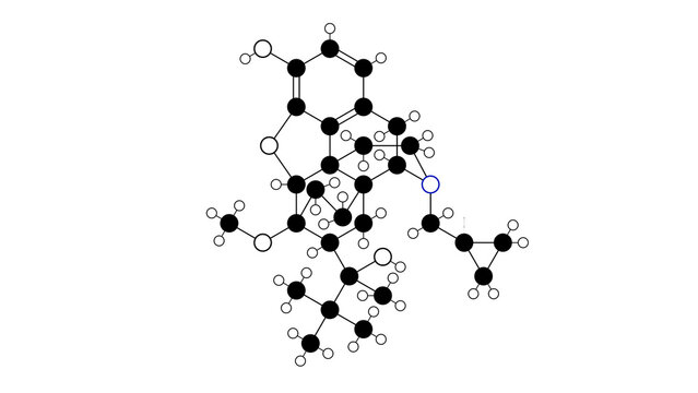 buprenorphine molecule, structural chemical formula, ball-and-stick model, isolated image opiate partial agonists