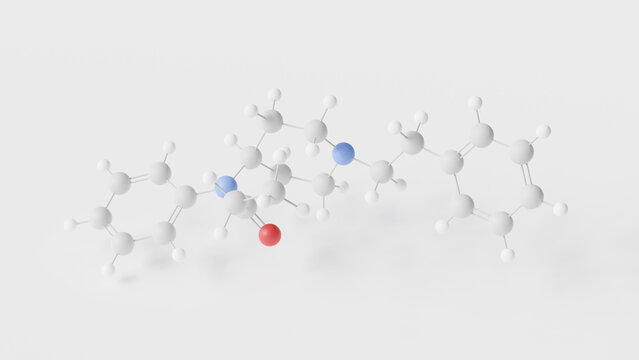 fentanyl molecule 3d, molecular structure, ball and stick model, structural chemical formula opiate agonists