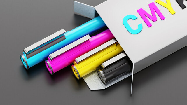 CMYK color pens inside white box. 3D illustration
