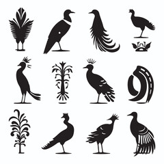 Fototapeta premium Quetzal silhouettes and icons. Black flat color simple elegant Quetzal animal vector and illustration.