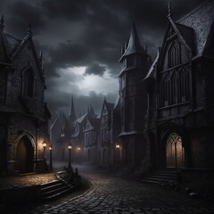 Generative Ai, Background Only, Dark Fantasy, Gothic Town, 