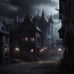 Generative Ai, Background Only, Dark Fantasy, Gothic Town, 