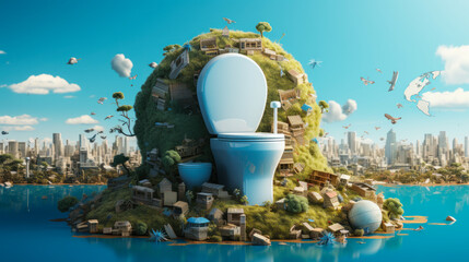 a blue toilet sitting on top of a lush green island. World Toilet Day concept banner