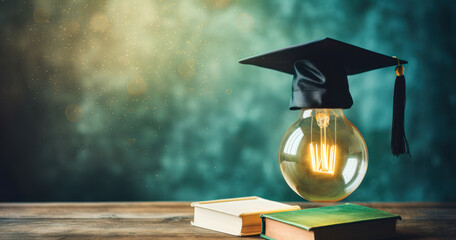 a graduation cap on top of a light bulb with books on a wooden table. Global Education Week concept banner with copy space for your text