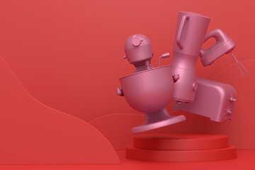 Abstract scene or podium with kitchen appliances and utensils on monochrome.