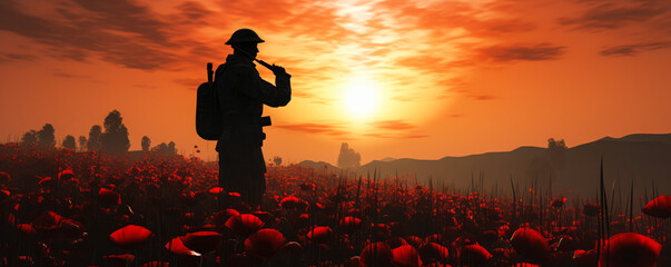 Salute to the heroes: soldier silhouette in poppy field - obrazy, fototapety, plakaty