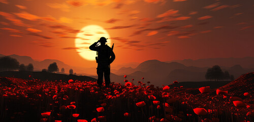 Silhouette of a Soldier saluting in a field of poppies during sunset. Remembrance Day concept banner wallpaper