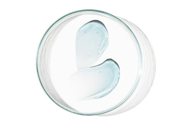 Petri dish with a drop and a smear of a transparent gel or serum on an empty background.