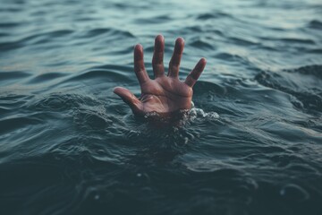 A hand sticking out of the water, drowning, refugee crisis, generative ai