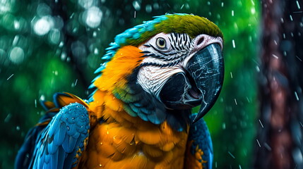 Close-up portrait of a macaw parrot in the rain.Generative AI