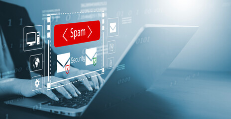 Email concept with laptop spam and virus computer monitor internet security concept, businessman...