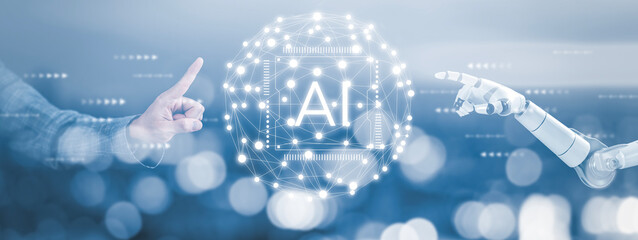 People hand and Hand robots touch virtual screen AI, artificial intelligence software engineer coding on laptop computers with technology icons and binary code, big data, coding Ai robot digital