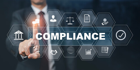 Business with Compliance Rules Law Regulation Policy Business Technology concept, business technology, Compliance with Standards, Regulations, and Requirements to pass audits and manage quality. - obrazy, fototapety, plakaty