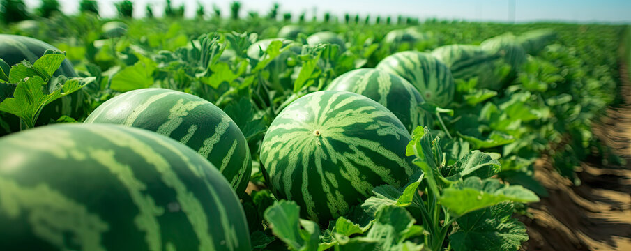 Mature big watermelons in the watermelon field, background blurry. 