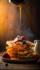 A stack of Belgian waffles with berries and syrup pouring over them.Generative AI