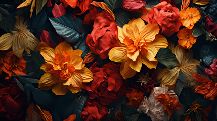 Orange, red, and yellow flowers on a leafy background