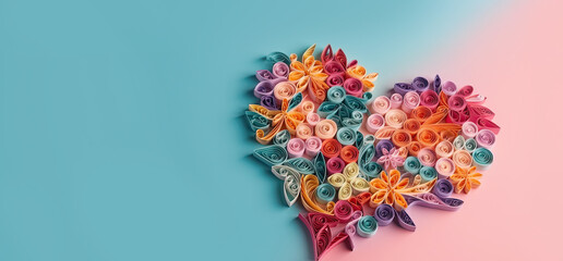 Banner with quilling colorful Valentines Day heart closeup isolated on pink and blue background. Generated by AI