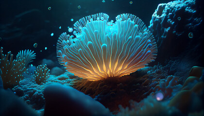 Naklejka na ściany i meble Bioluminescent coral at the bottom of the sea, created with ai tool 