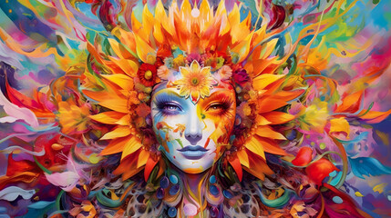 Digital Painting of a Woman's Face Surrounded by Surreal Colored Flowers - generative ai