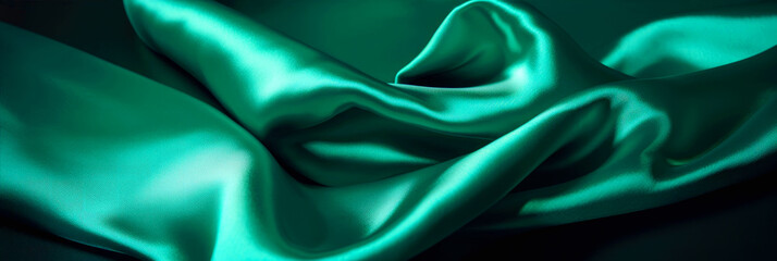Fototapeta premium Abstract green silk texture background. Turquoise elegant luxury satin cloth with wave. Prestigious, award, luxurious background. Generative AI.