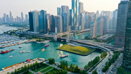 Aerial view of Chicago lakefront and city skyline